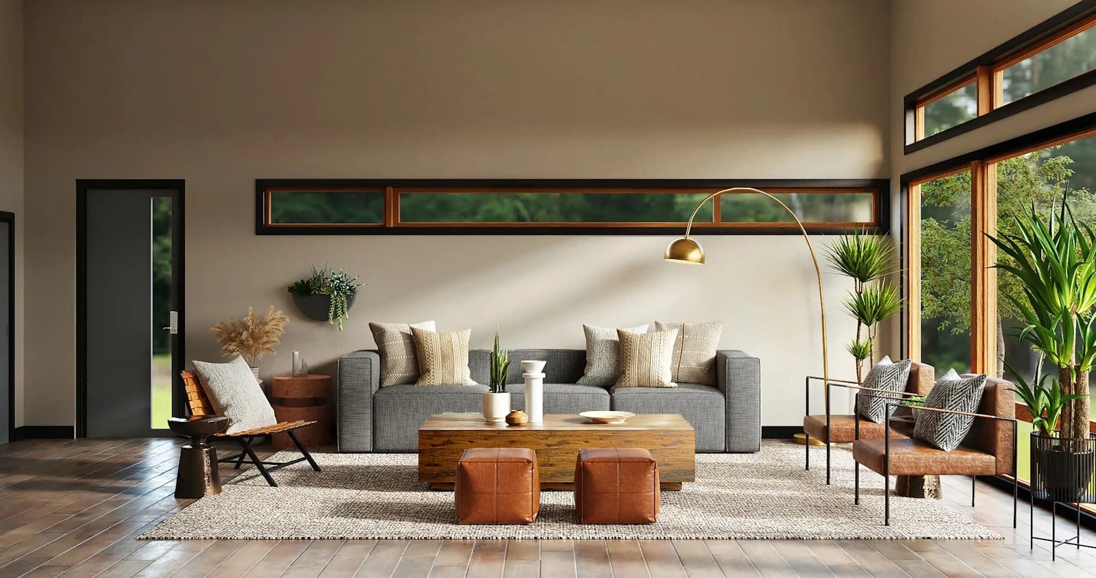 Bright modern interior with warm wood ceiling and styled furniture